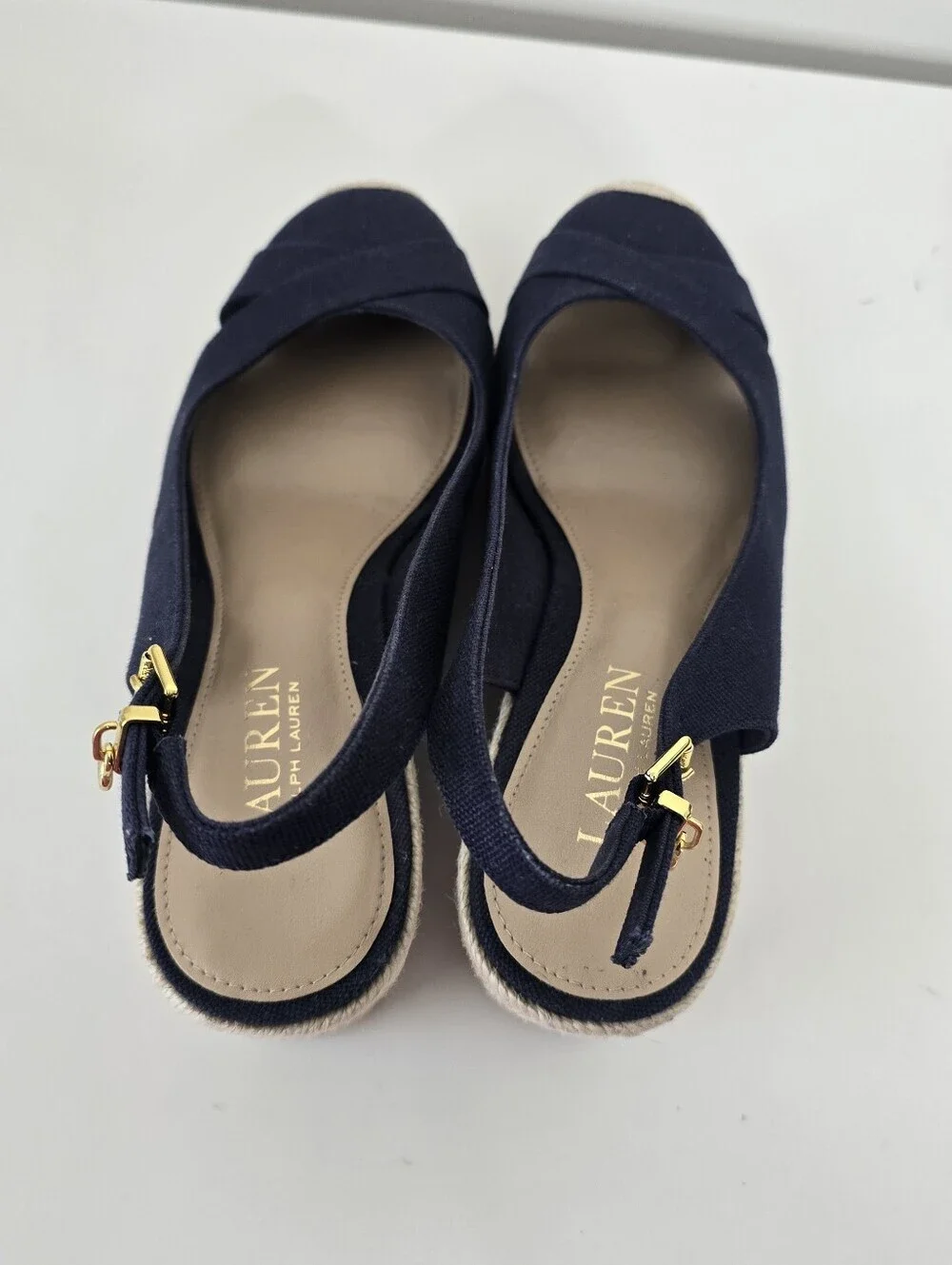 Lauren Ralph Lauren Navy Hadley Espadrille Wedge Canvas Sandals 8B Slingback